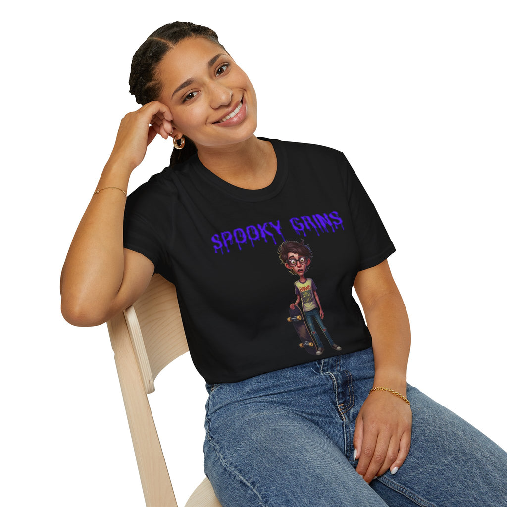 Spooky Grins Unisex Softstyle T-Shirt | Cool Graphic Tee, Halloween Apparel, Skateboarder T-Shirt, Casual Wear, Unique Gift